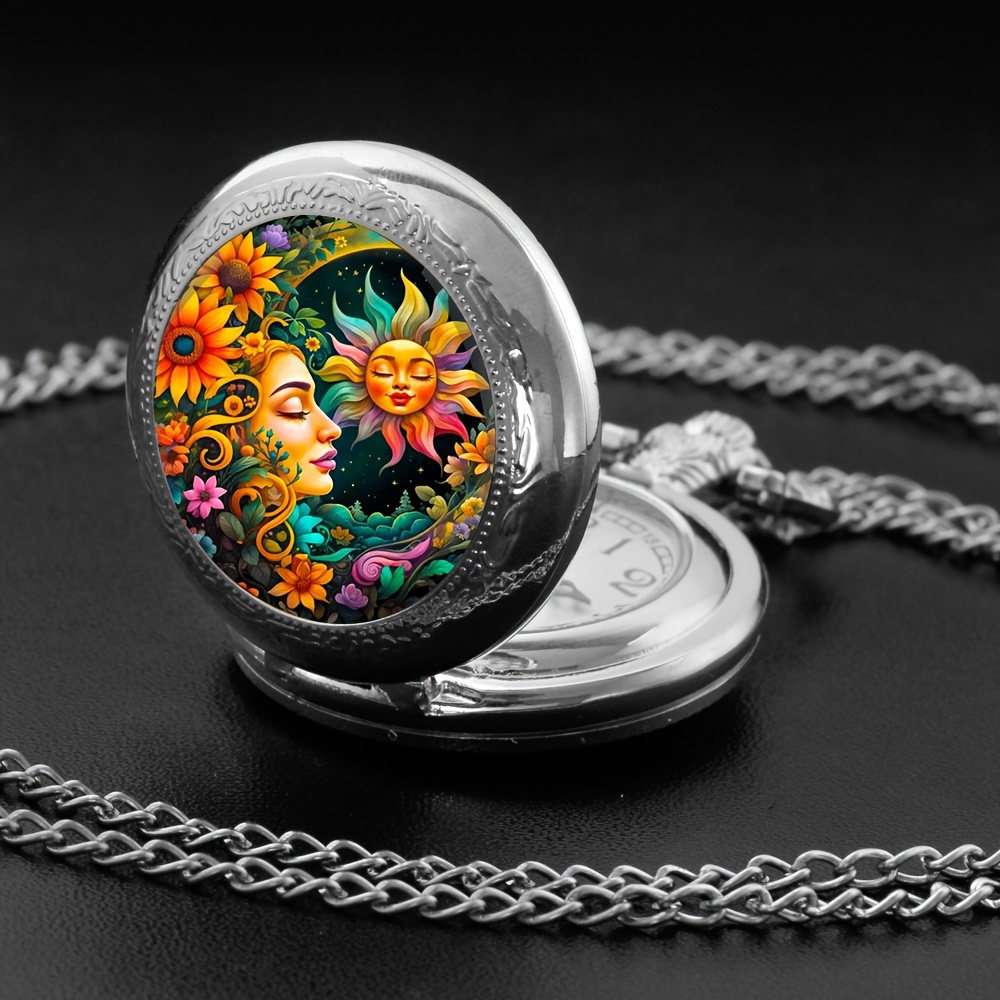 vintage sunflower goddess quartz pocket watch with necklace silvery fashion accessory for men women unique gift idea 5