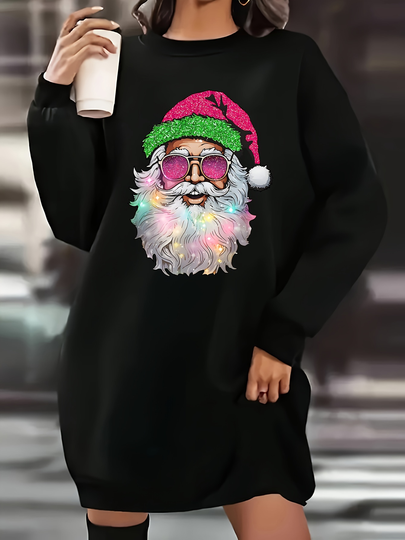 Plus Size, Women's Plus Size Oversized Christmas Sweater Dress Black Long  Sleeve Round Neck Short Short Dress with Santa Twinkling Print, Pink