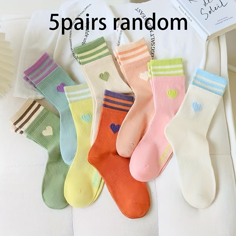 Image of 5-pair Random Assortment Women' Cuff Heart-patterned Sports Pilates -block Socks, Valentine's Day Gift Socks For Lovers And Girlfriends