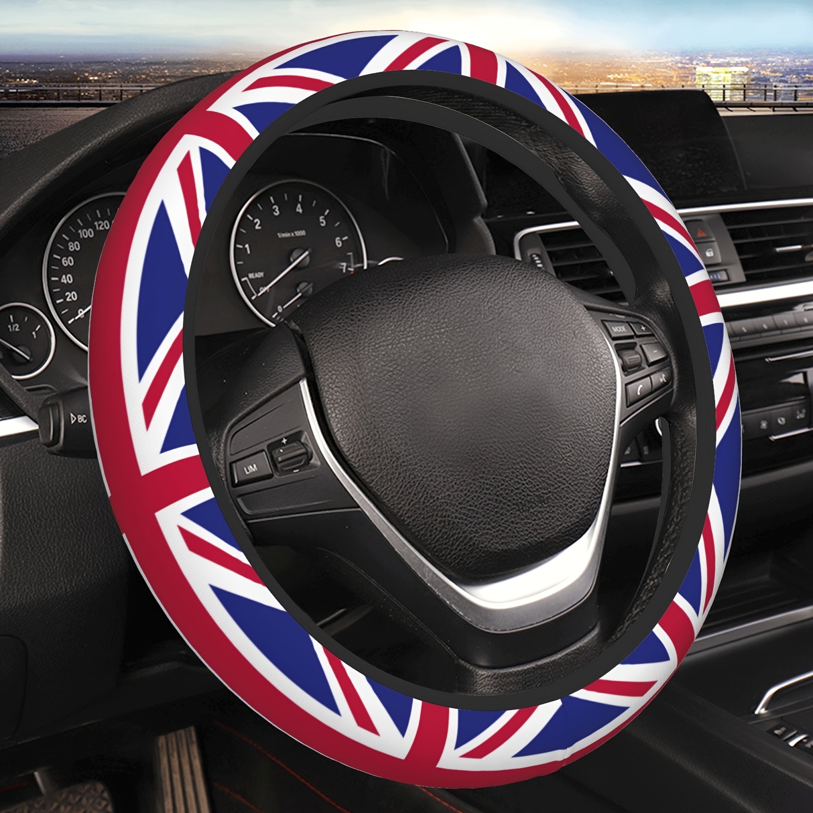 

Housse de volant élastique Union Jack , ajustement universel 15 pouces, antidérapante, en fibre de polyester durable, accessoire de conduite élégant et confortable