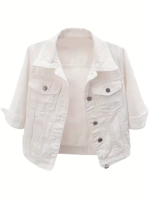 womens 3 4 sleeve cropped denim jacket casual vintage wash fit plain denim coat