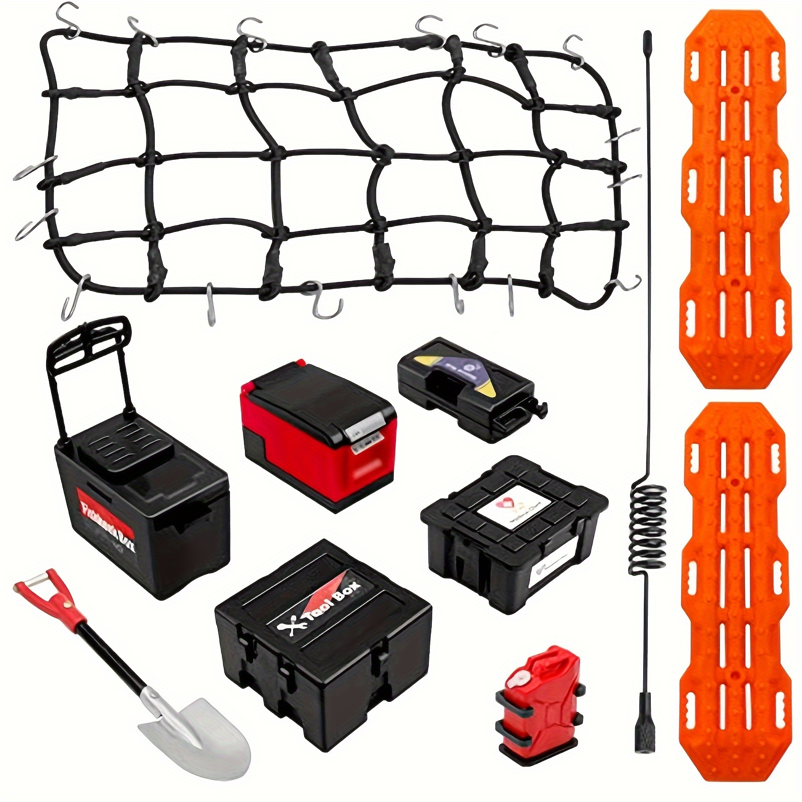Image of 11pcs Rc Crawler Accessory Kit: Realistic Decor & Tools - Includes Luggage Net, Fishing Boxes, Oil Drums, Shovel, & More For , Trx4/6, Axial Scx10, /8