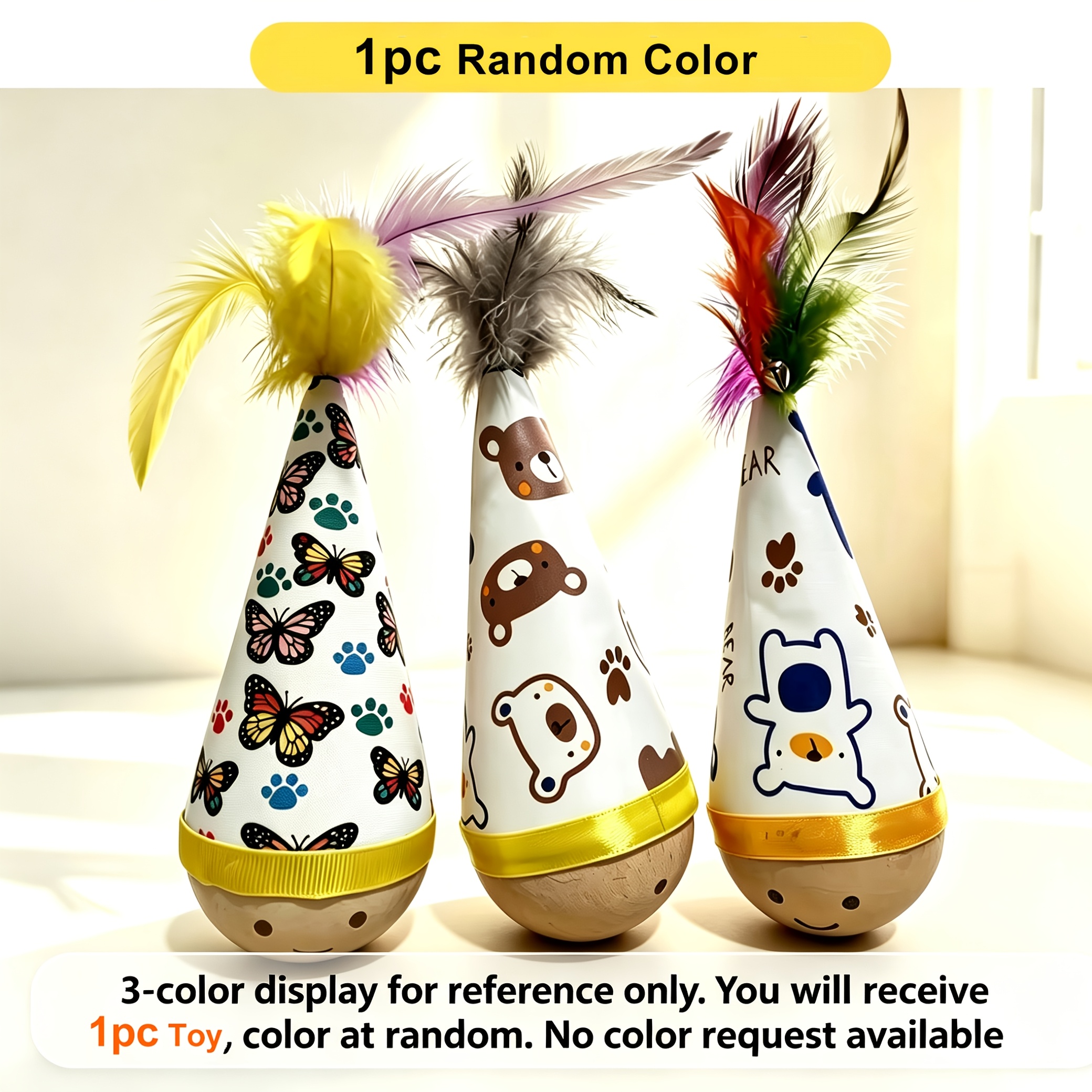 TEMU 1pc Random Color Interactive Feather Cat Toy, Self-play Rolling Kitten Teaser, 360° Rotation Reduces Boredom, Heavy-duty Canvas For Indoor Cats,