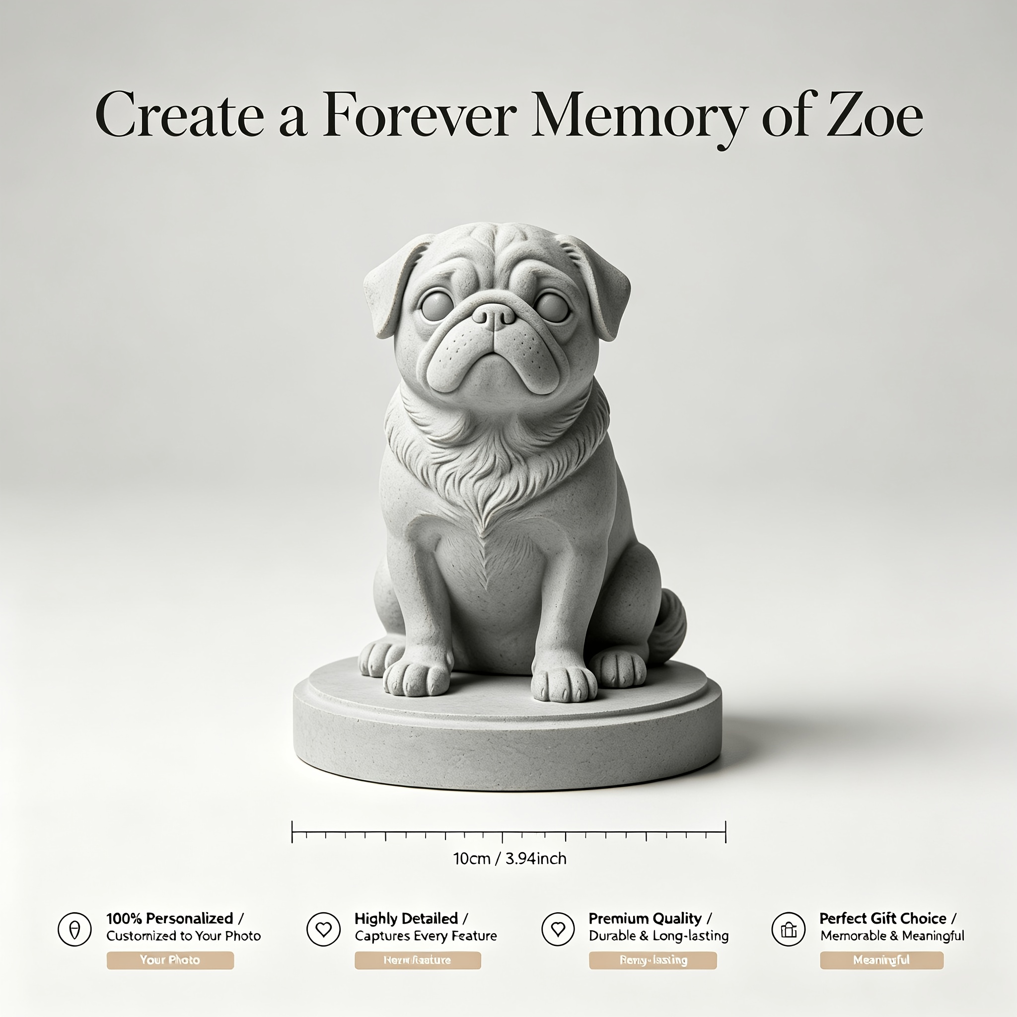 TEMU Pet Commemorative Sculpture And Ornaments, Customizable 1:1 Pet Portrait Photo Conversion, 1:6 Ratio 10cm/3.94 Inches, Light Gray 3d Printed Pet