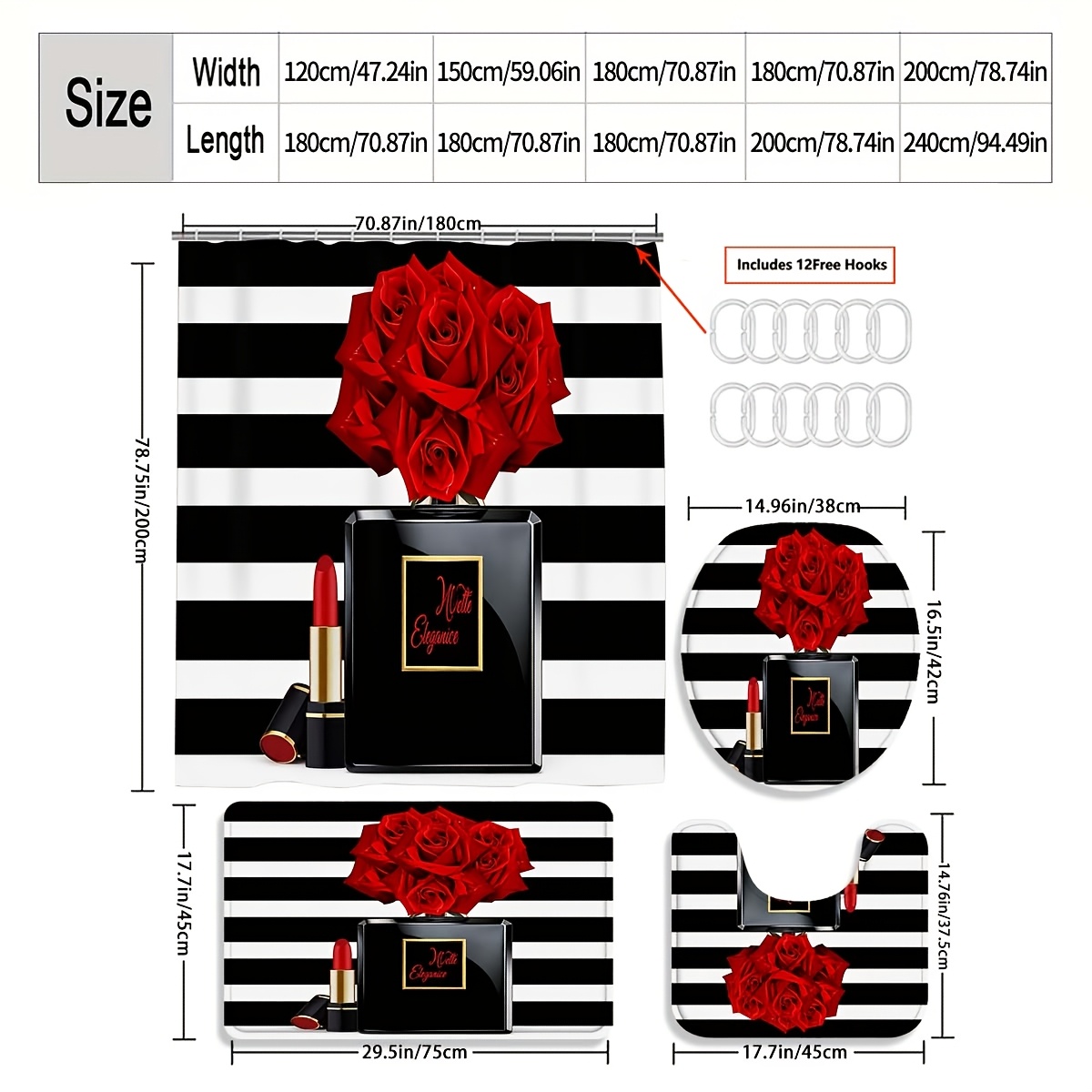 4pcs Classic Red and Black Rose Shower Curtain Set