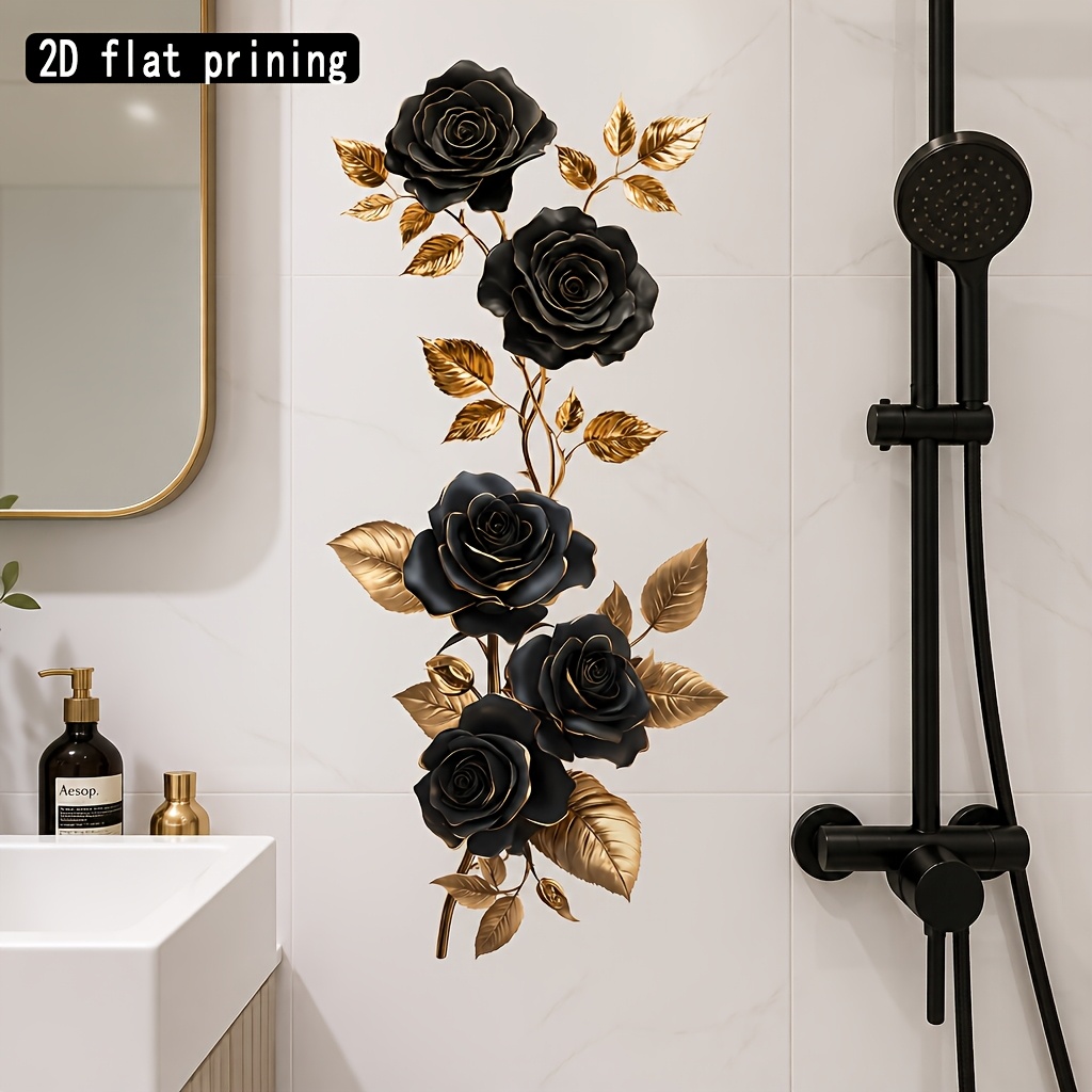TEMU 1pc Black Golden Rose Wall Sticker, Elegant Floral Wall Decal, Removable Self-adhesive Pvc Wall Art, Suitable For Bedroom, Bathroom, Living Room