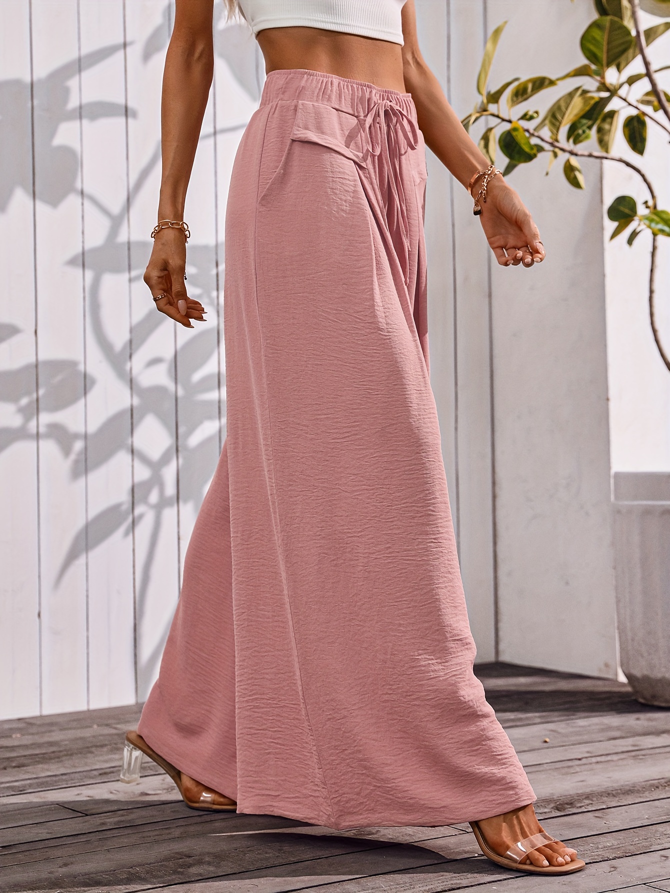 womens flowy wide leg pants elastic drawstring waist with pockets lightweight casual trousers for summer   machine washable lounge pants   wear nontransparent fabric relaxed fit durable construction  