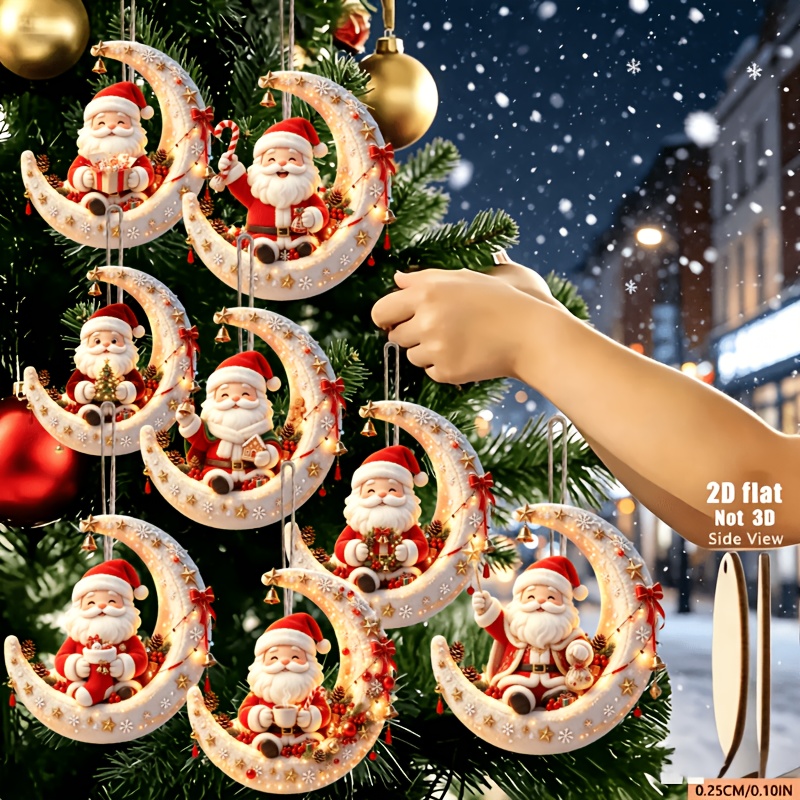 TEMU 2d Flat, 8pcs Set, 2d Embossed Wooden Home Hanging Ornaments, Christmas, Mother's Day, Father's Day, Santa Claus Sitting , Holiday Pendants,