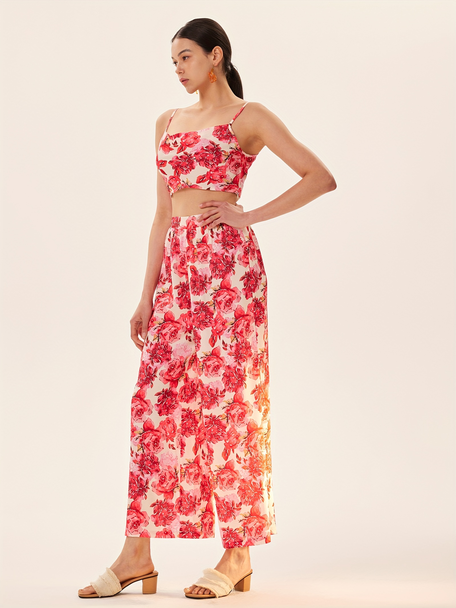 Jemima Two Piece Set - Linen Look One Shoulder Crop and Pants Set in Rust  Floral