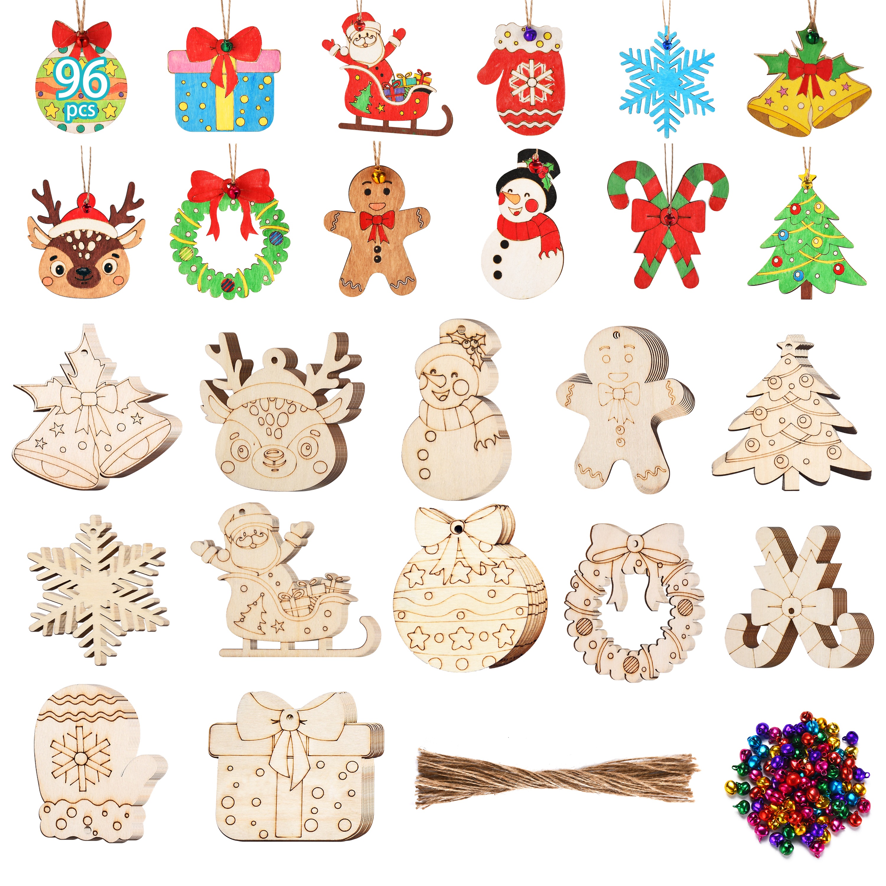 

96 Pcs Wooden Christmas Ornaments Unfinished Wood Slices, Wooden Christmas Tree Hanging Ornaments For Diy Art Craft With 12 Styles, Diy Wooden Christmas Ornaments Hanging Decorations Kit