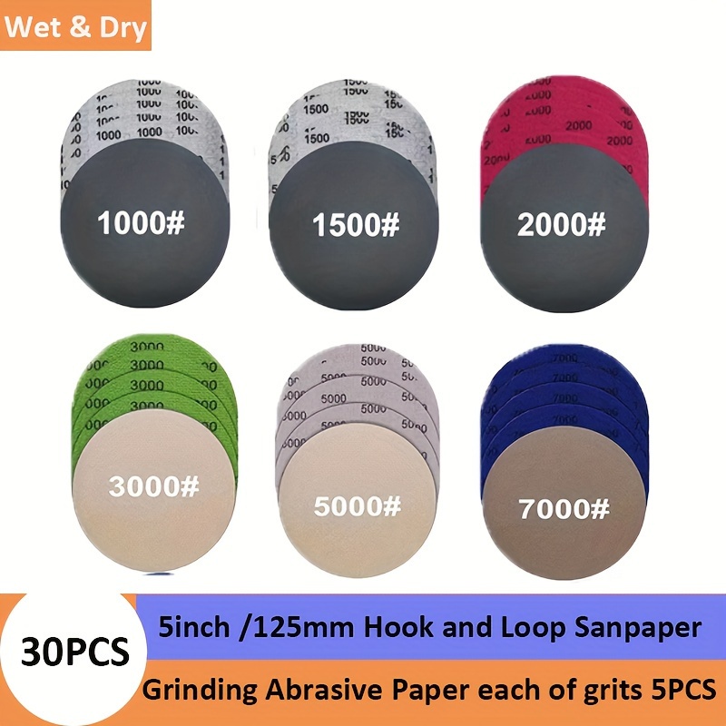 

5 Inch Self-adhesive Sandpaper, 30 Sheets Wet And Dry Sandpaper, 1000 1500 2000 3000 5000 7000 Grit Sandpaper, Circular Sandpaper For Orbital Sander, Automotive, Wood Or Metal Polishing