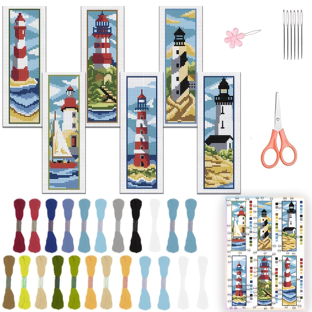 TEMU Kit fai da te da 6 pezzi per segnalibri croce a tema sul mare - 6 tessuti per punto croce stampati, abbondante filo da , strumenti per e