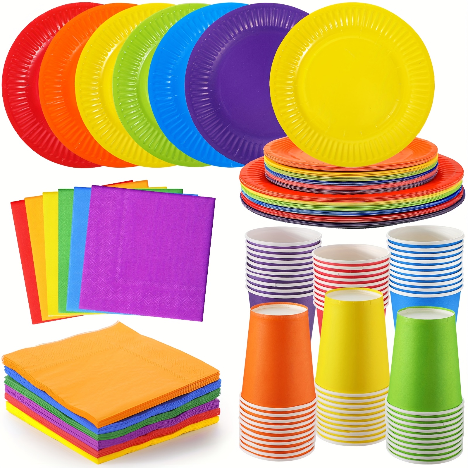 240pcs Vibrant Rainbow Party Tableware Set 60 Colorful Paper Plates,  Napkins 9oz Cups Food-Safe Disposable Dinnerware for Neon Birthday