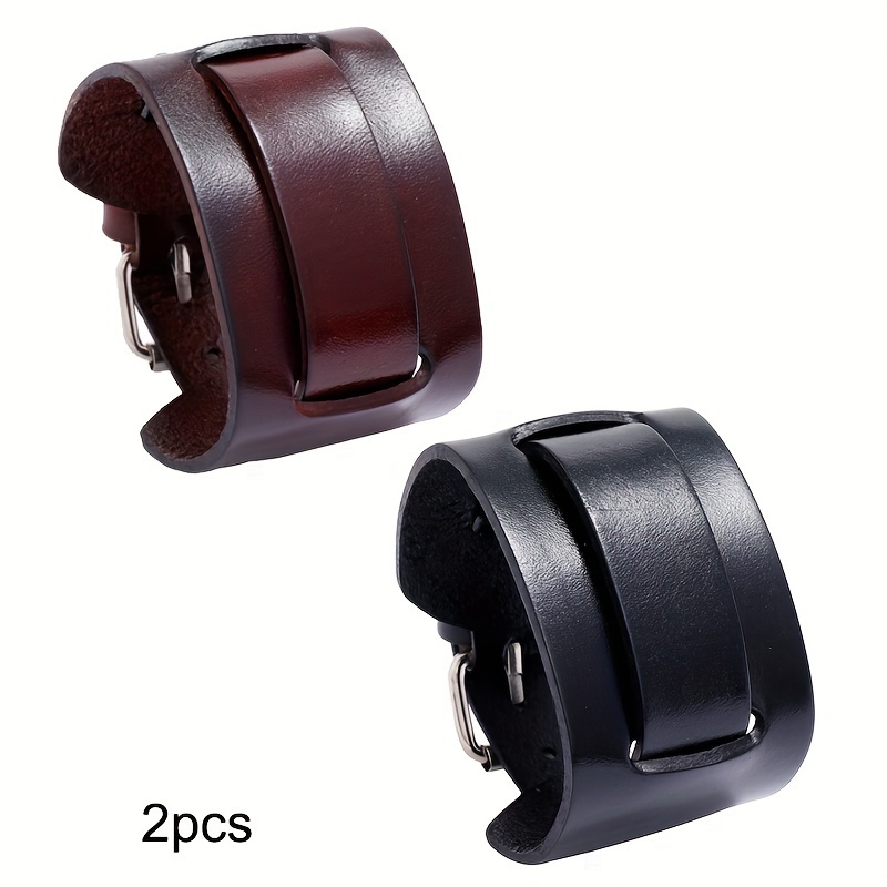 

2pcs Vintage Punk Style Genuine Leather Men's Bracelets, Adjustable Wide Cuff Bands, Fashion Accessories For Parties And Music Festivals, Wear, Halloween Gift Idea