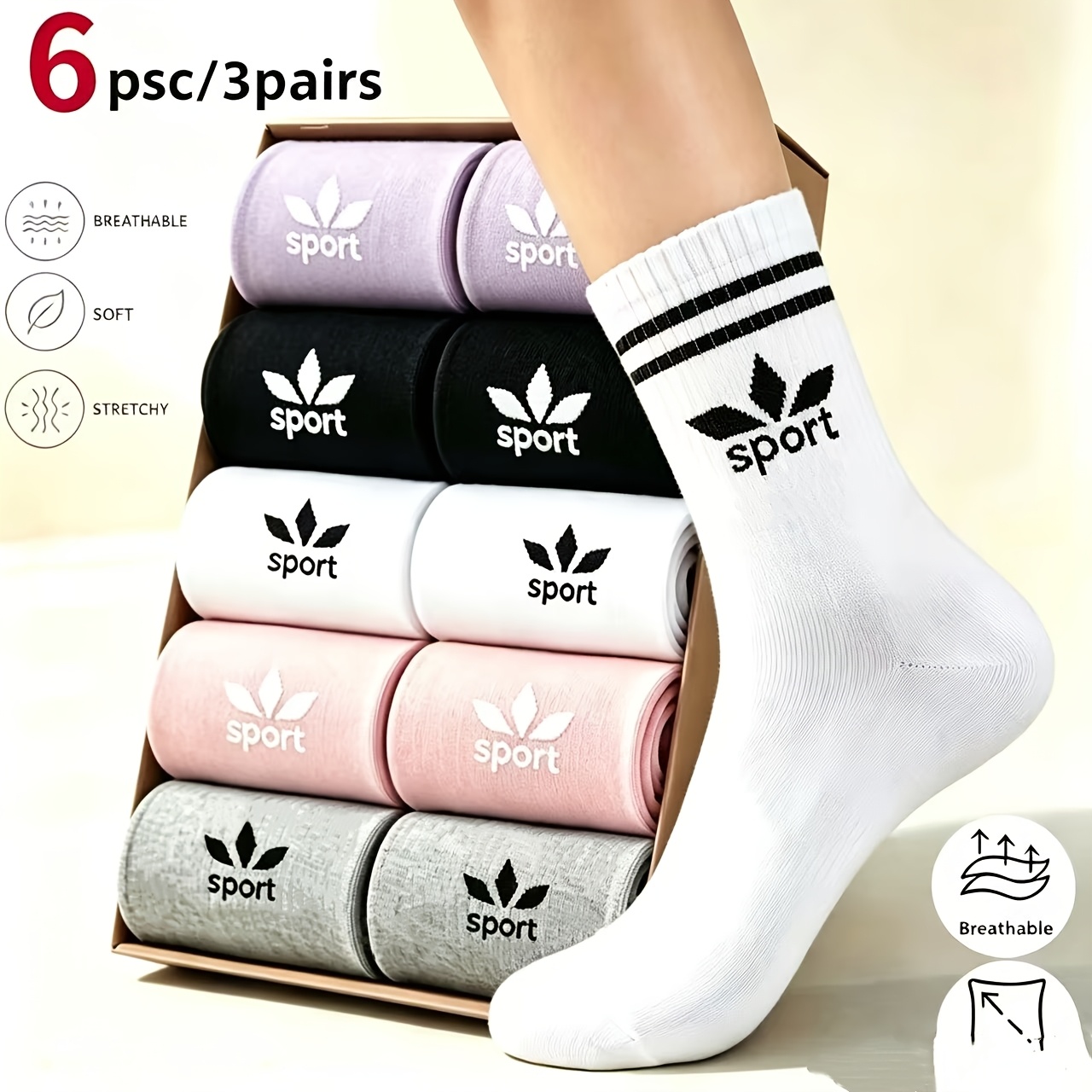 TEMU 6 piezas/3 de calcetines deportivos pantorrilla, colores aleatorios, calcetines deportivos largos de cintura adecuados para baloncesto, fútbol,