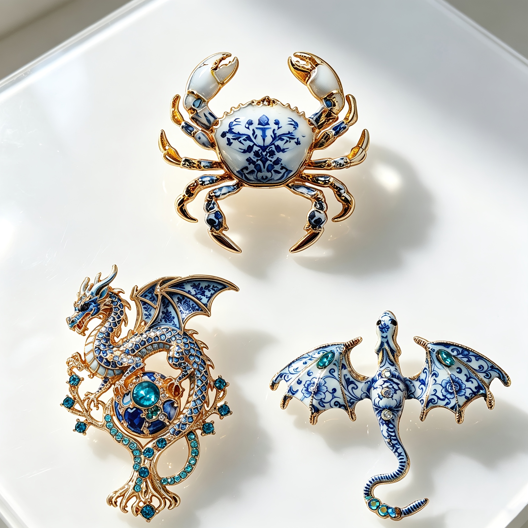TEMU 3pcs/set Solevdo Enamel Rhinestone Brooch, And Porcelain Crab Dragon Set, With Sparkling Rhinestones Retro Decorative Additions, Jacket Backpack