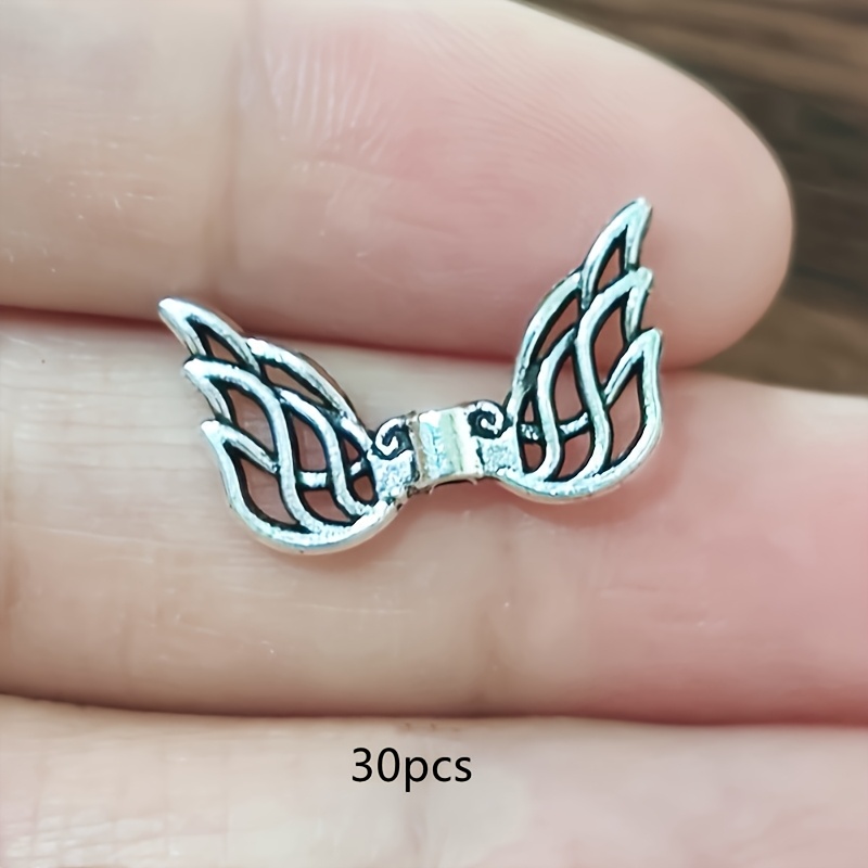 Image of 30pcs Exquisite Charm Wings Beads - Ancient Silvery, Small Hole, Beaded Alloy, Perfect For Earrings, Bracelet, Necklace, Diy Handmade Jewelry Crafting, 11x19mm