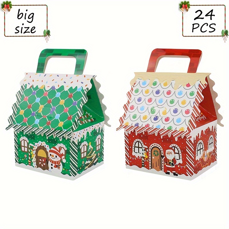Image of 24pcs Festive Gingerbread House Christmas Treat Boxes - Colorful Mini Favor Boxes With Handles For Gifts - Ideal For Holiday Parties, Weddings, Birthdays, Christmas Decorations, Best For Christmas