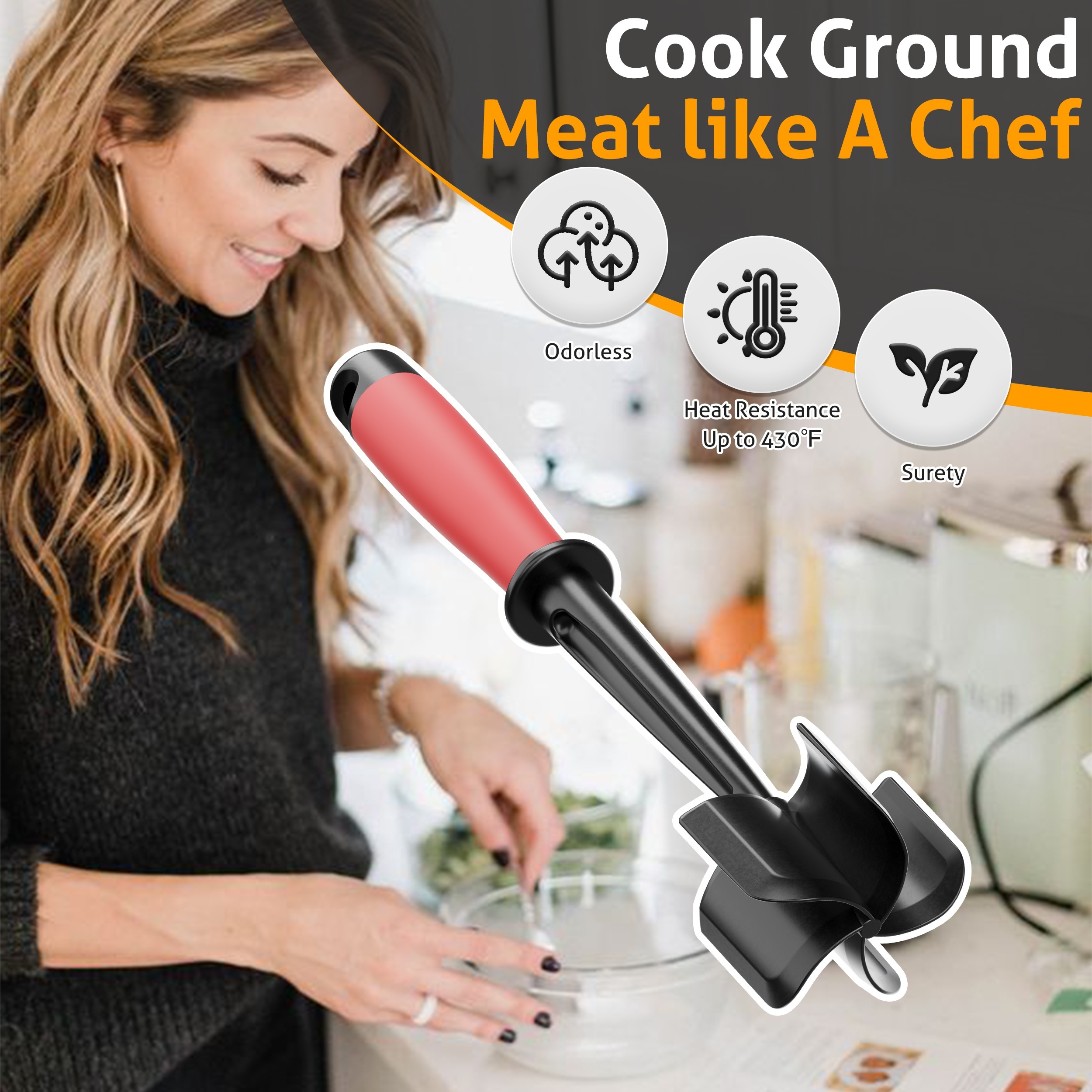 ABERZEY Heavy-Duty Meat Chopper & Masher with Non-Stick Surface - Manual Heavy Duty Ground Beef Smasher, 5 Curved Blades, Heat-Resistant, Non-Slip Grip - for Hamburgers, Meat Patties, Hash Browns - Easy Clean Kitchen Tool, Food Preparation, Ergonomic Handle, Sturdy Build, Home Cooks