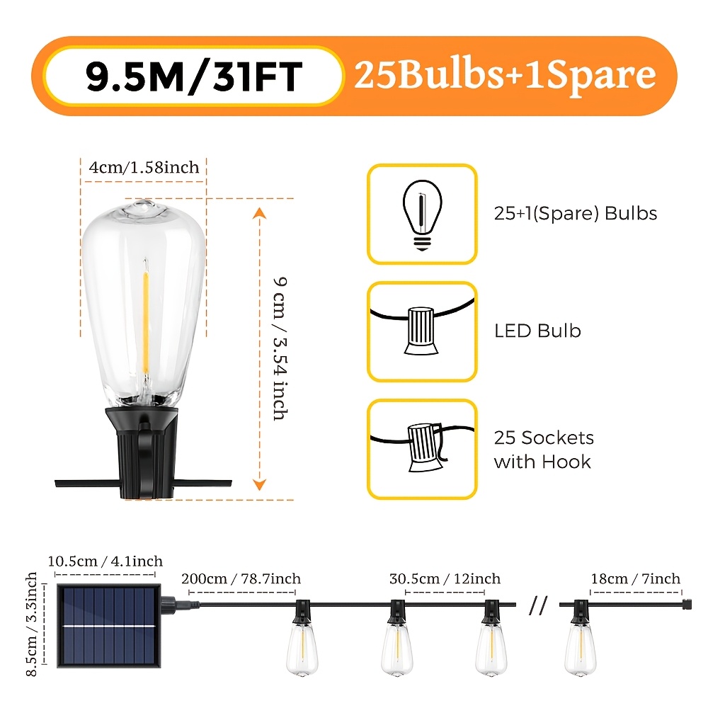 12m/9.5m Upgraded St38 Solar String Light With Remote, 8 Lighting , 4 Brightness Change, Timer Function For Rooms, Wedding, Balcony Decoration