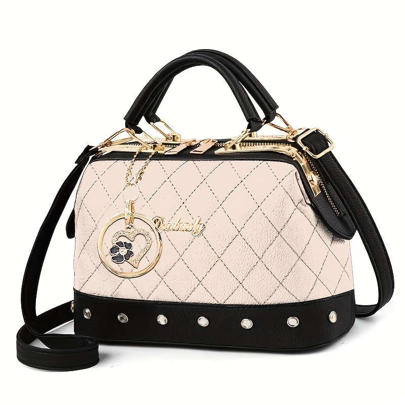 TEMU Sac Boston matelassé noir avec ferrures dorées et bandoulière réglable - Ornement élégant de cœur avec strass, motif et détails de rivets stylés