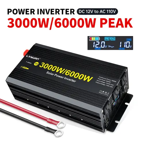 3000watt 6000w peak power inverter with led 12v to 110v 120v ac inverter car power inverter with 3 ac outlets dual usb ports for vehicle rv truck camping car tools christmas