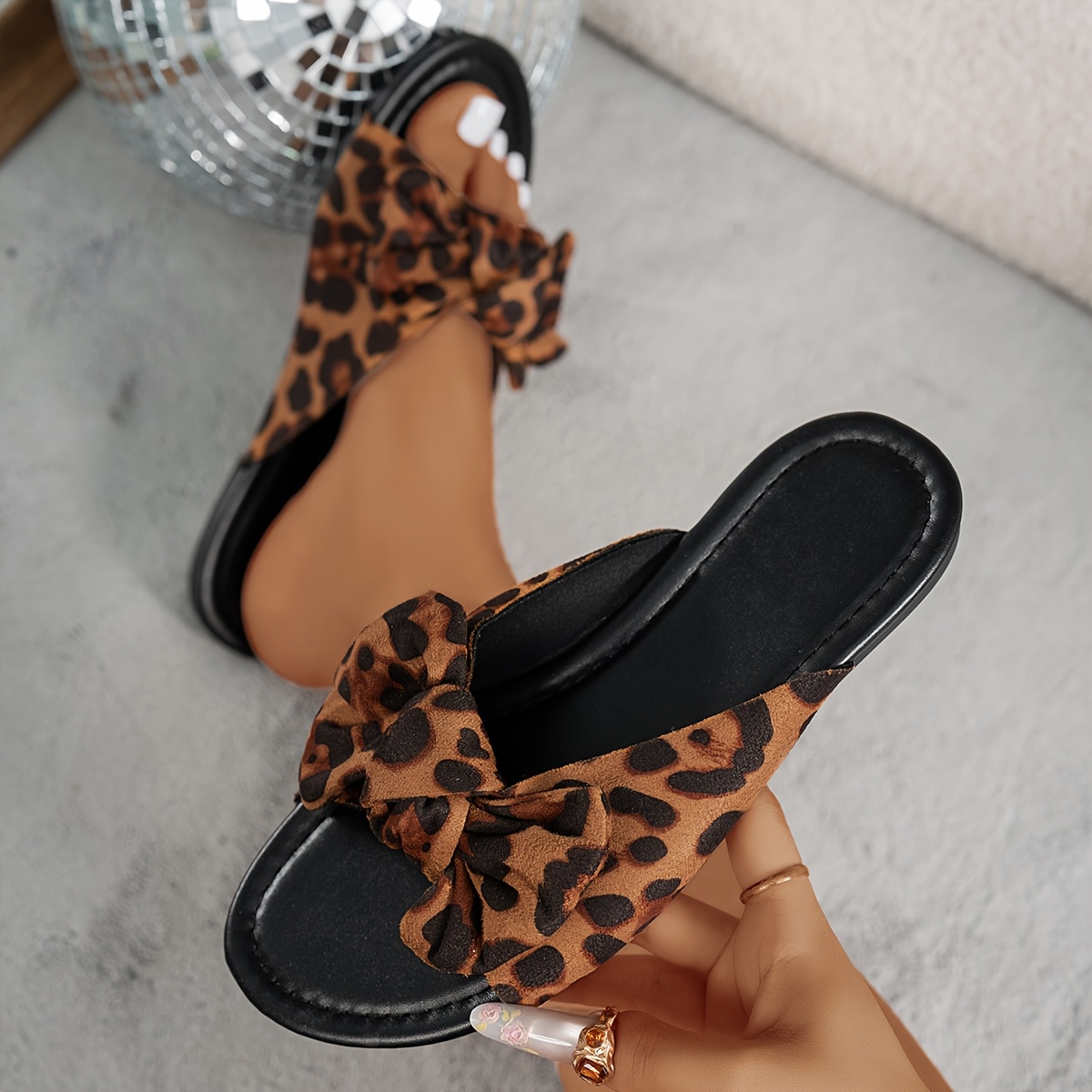 Sandals Leopard Print Bow Sliders Wide Fit Bow Strap Leopard Slider