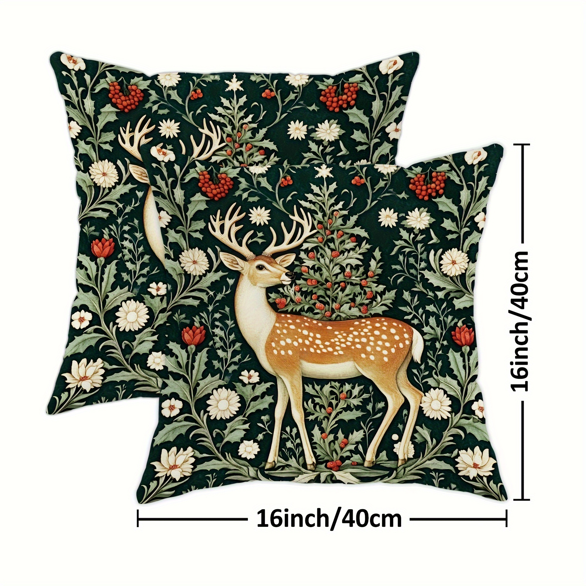 TEMU 2 Stück Weihnachtshirsch & Floral Holly Kissenbezüge, Zeitgenössischer Stil, Weiche Dekokissenbezüge, Einseitiger Druck, Polyester,