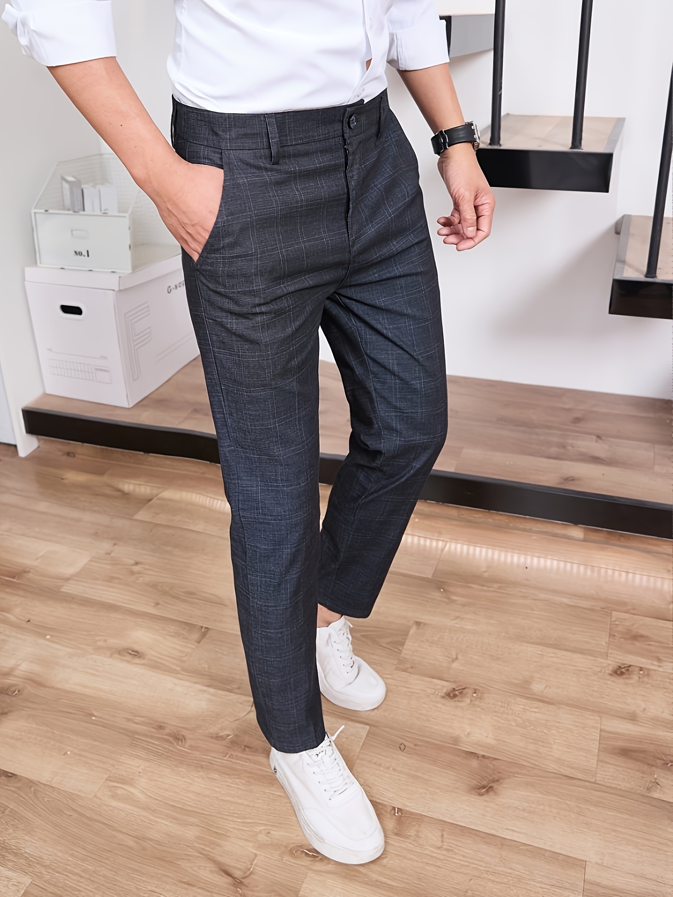 mens stylish dress pants navy blue semi formal casual Temu