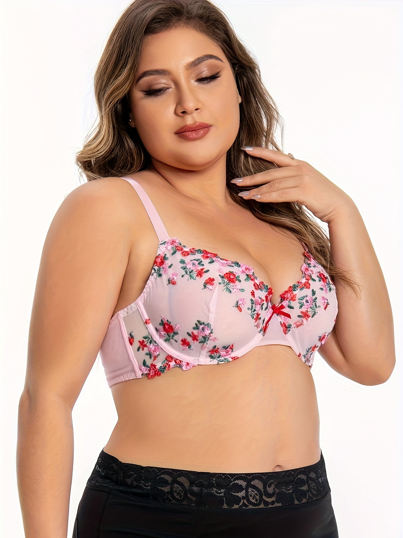 Plus Size Simple Bra, Women's Plus Solid Seamless Striped Adjustable  Bralette With Removable Pads