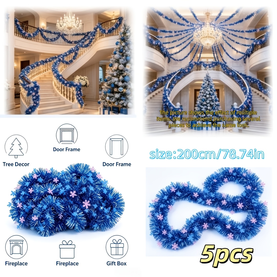 TEMU 5-pack = 10m Blue Snowflake Christmas Scarf Ribbon, Shiny Metallic Texture Christmas Ribbon, Indoor Holiday Decoration, For Stair Railings,
