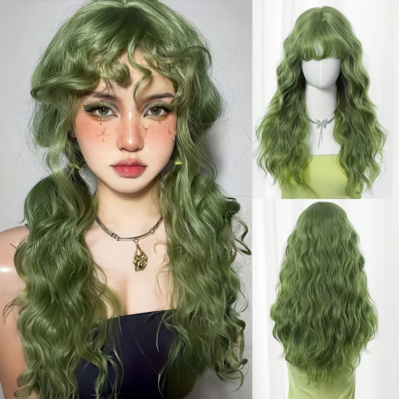 Image of 1 Affordable Synthetic Wig, Green Water Wave With Bangs, Perfect For Christmas And 's Day Holidays And Parties, Features Beautiful And Wavy Curly Short Hair, Full Wig