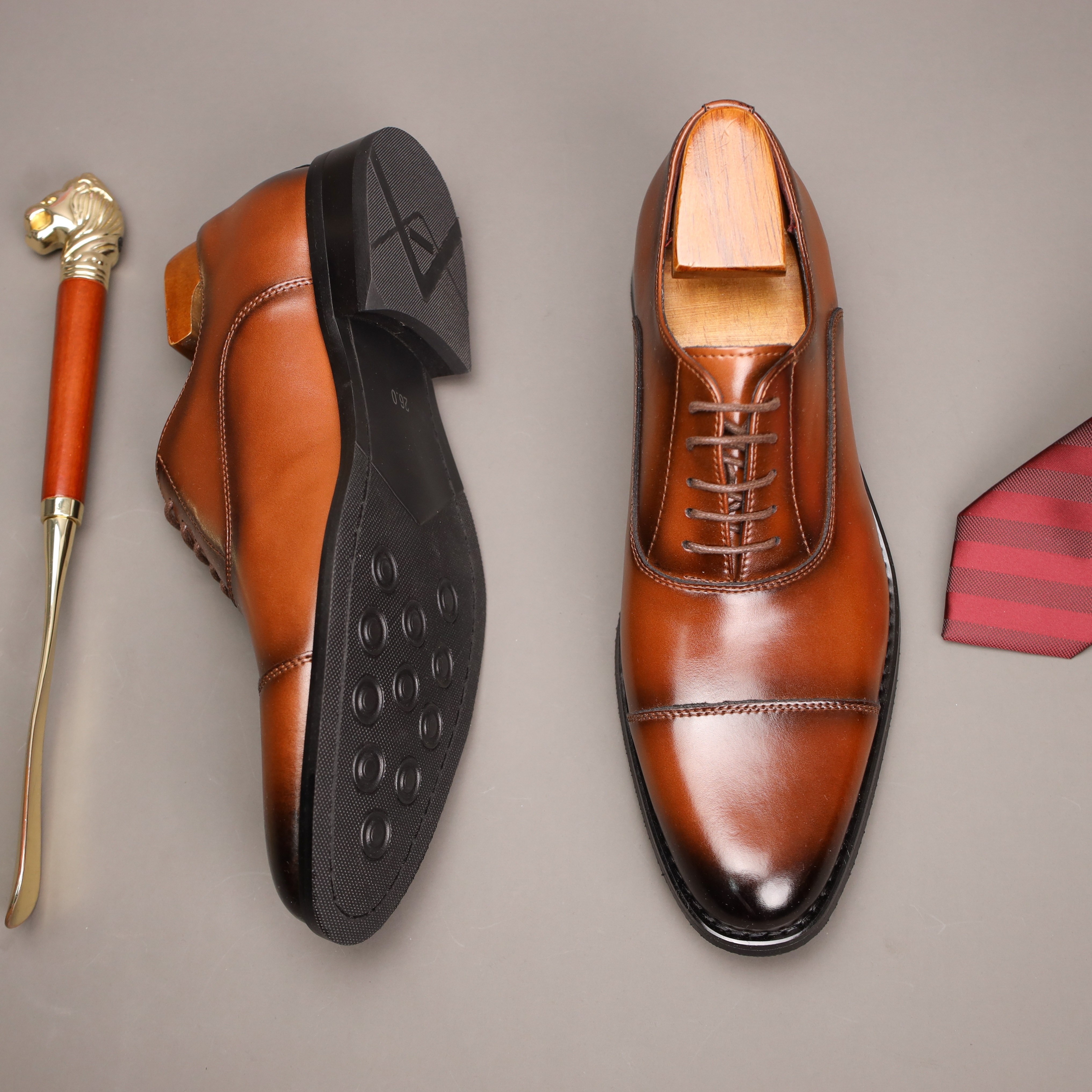 Men's Vintage Split cow Leather Solid Colour Cap Toe Oxford Shoes, Comfy Non Slip Durable Formal Shoes, Men's Business Footwear