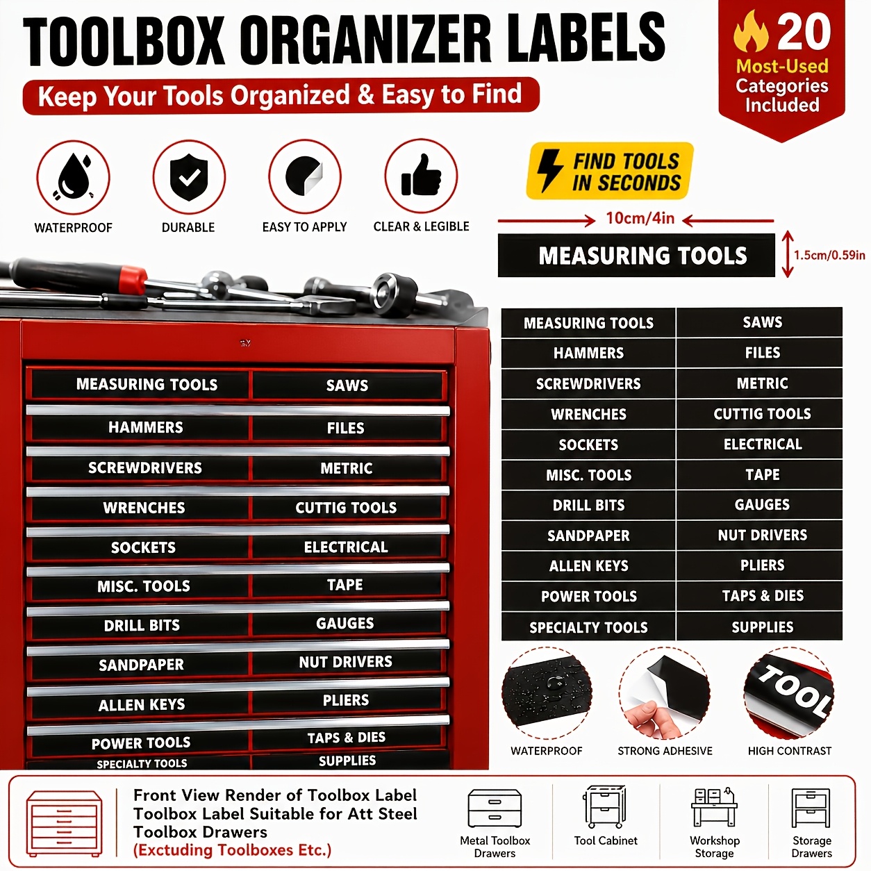 TEMU 110 étiquettes pour boîte à outils, étiquettes magnétiques pour boîte à outils, impression facile à lire, adaptées à tous les tiroirs de boîte à