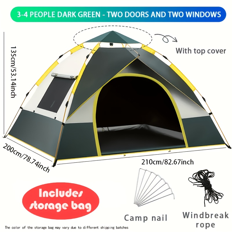 TEMU 1-3/3-4 Tent - Automatic Instant Setup Camping Tent - With And Mesh Windows, Windproof Lightweight Green/beige Tent, Suitable For Camping,