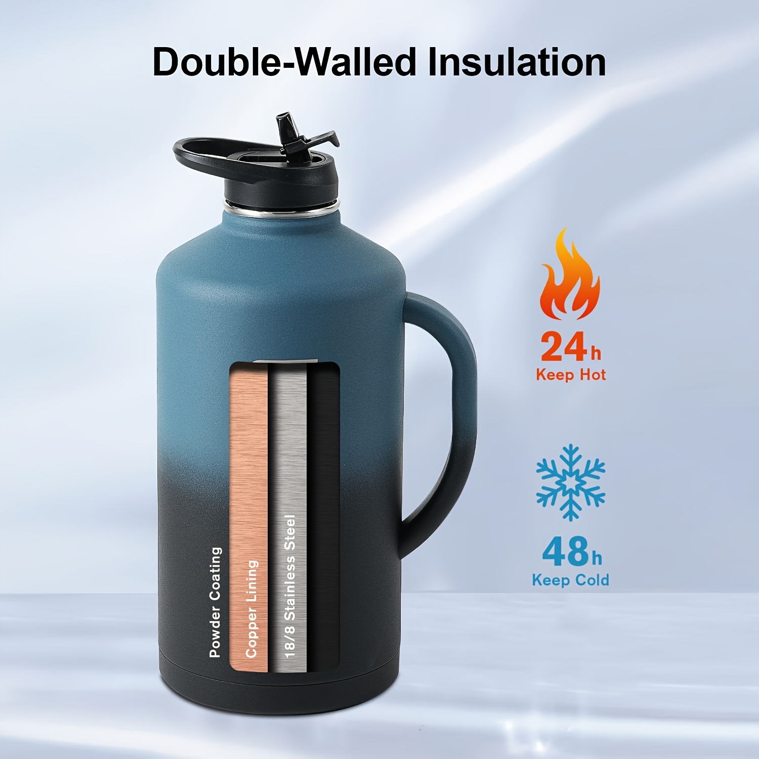 64oz 128 oz water bottle insulated handle one gallon - Temu
