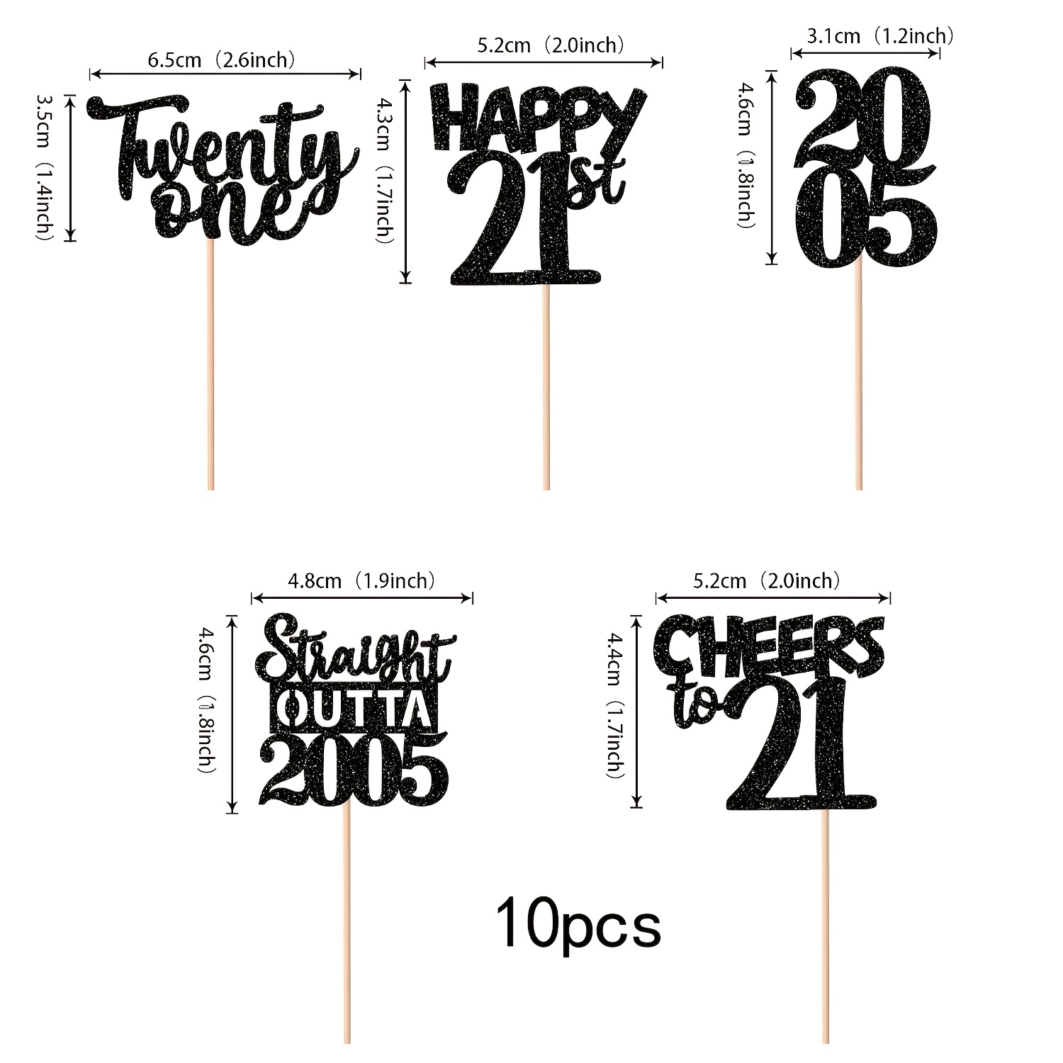 TEMU 10-pack Black 21st Birthday Cake Toppers " 1 Happy 21st 2005 Year Theme Cheers To 21" Adult Party Decoration Supplies Unisex Costume Props
