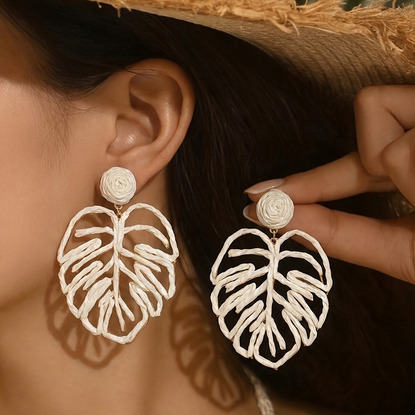 Bohemian Hand-Woven Raffia Hollow-Out Leaf Earrings
