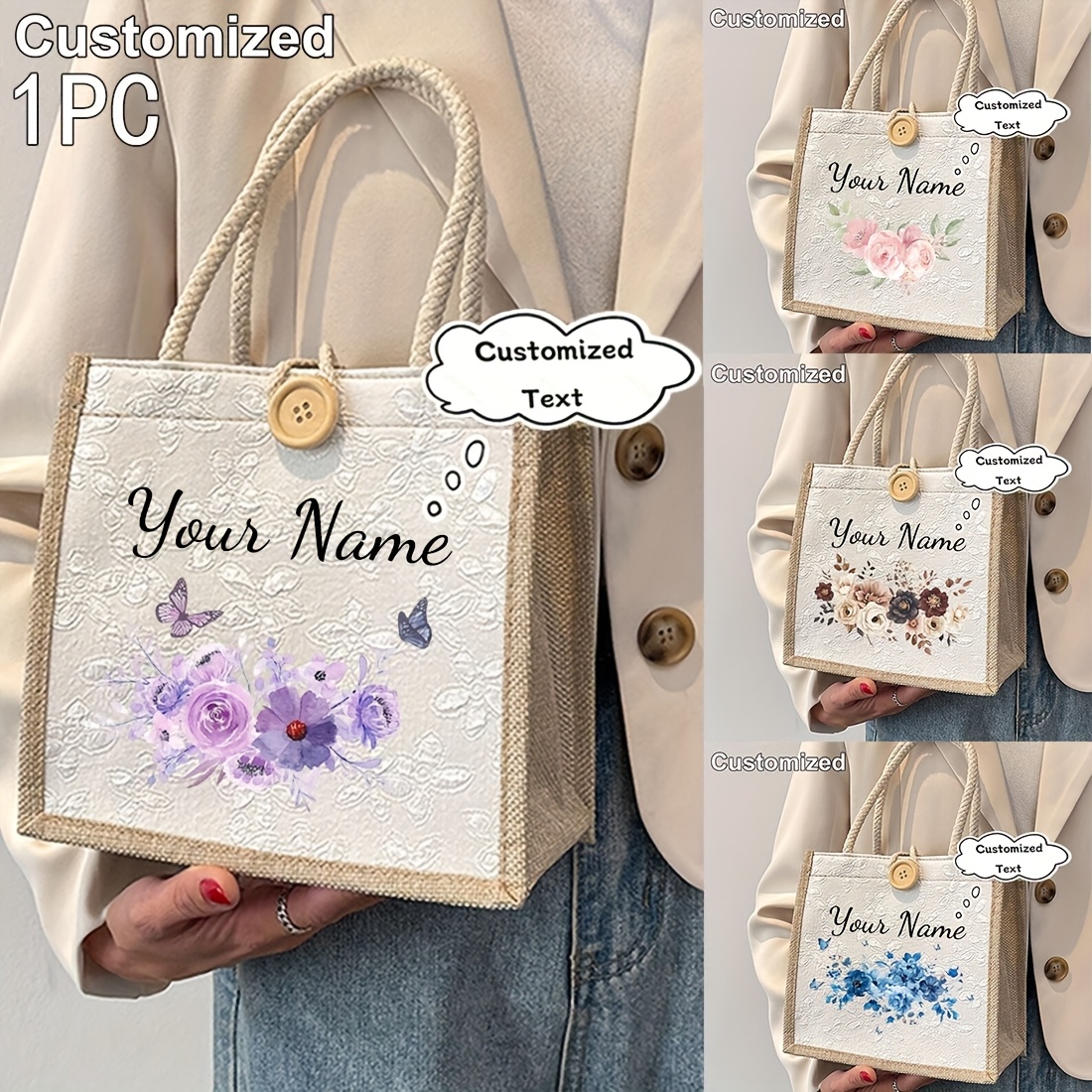 flower tote bag customized name logo tote   portable casual mini storage tote bag multi function shopping bag personalized gift bag perfect gift for weddings   festivals teachers bridesmaids  