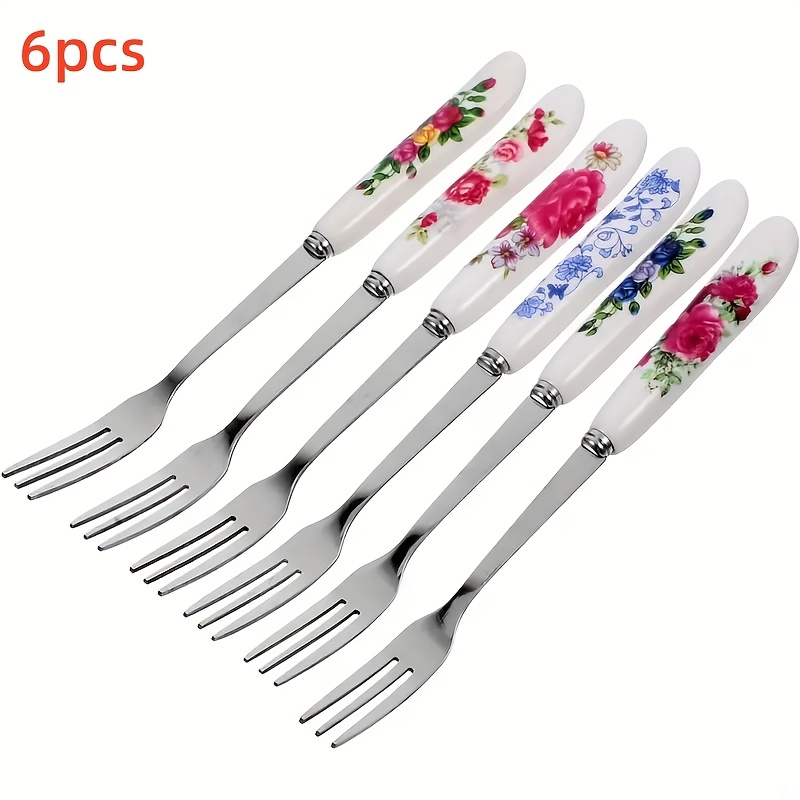 

6pcs Elegant Floral Ceramic Handle Stainless Steel Fork Set - Dining & Kitchen, Ideal For Home, Restaurants, Dessert Fork Set