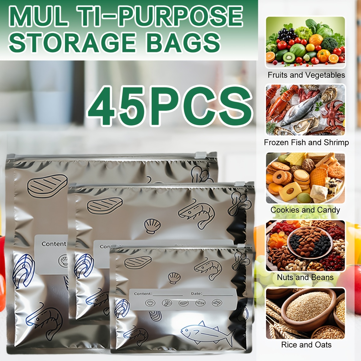 new thickened 45 pack heavy duty reusable aluminum foil bags sealed and leak proof freezer safe zipper bag with window 3 sizes small medium large food bags kitchen storage   and refrigerated food preservation packaging bags