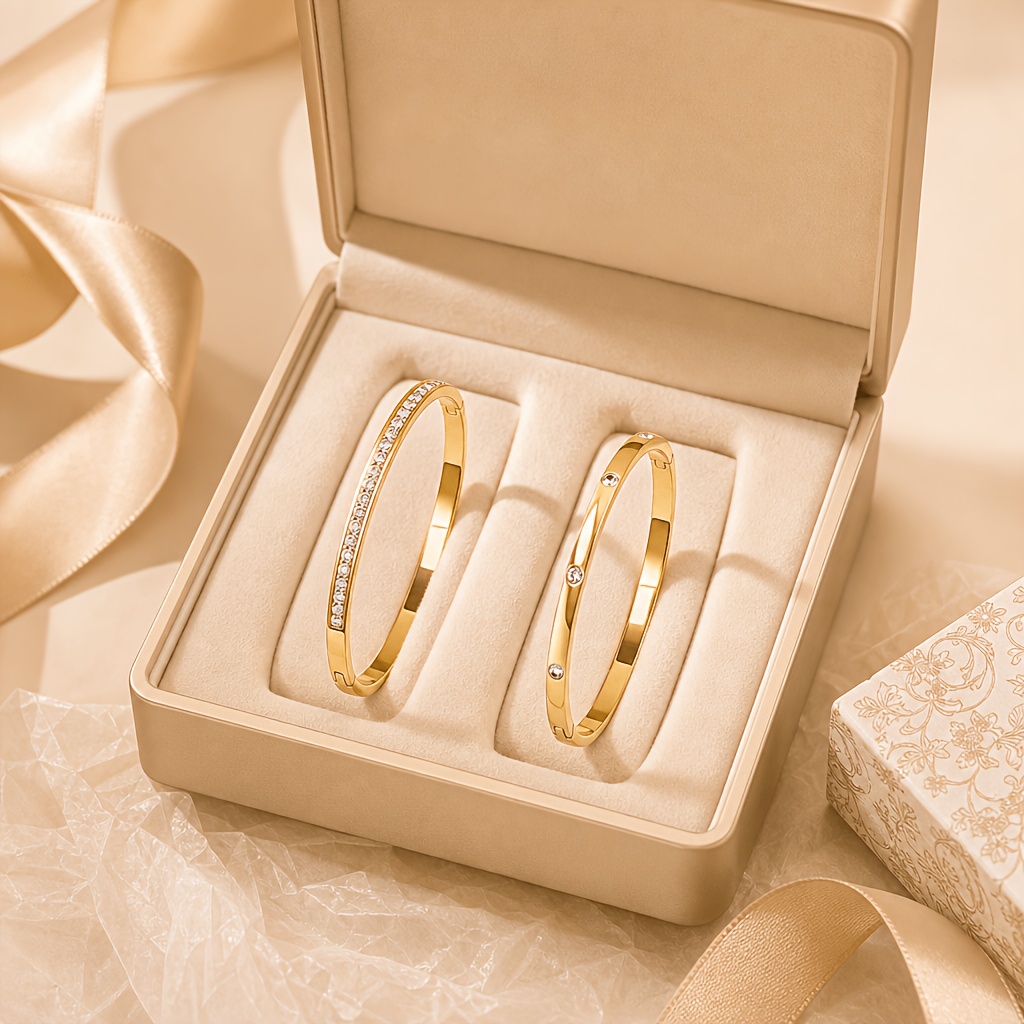 TEMU 2pcs Set Elegant 18k Gold-plated Ladies' Stainless Steel Bracelet Set, Stackable Bracelets, Inlaid With Cubic Synthetic Zirconia, Fashionable