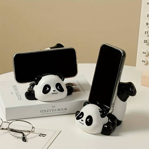 1pc panda shaped ceramic phone stand with cute black cartoon panda face for secure phone holding bedroom desk decor