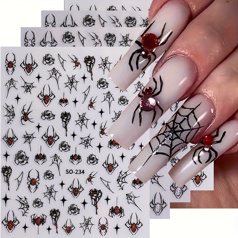 

Nail Stickers, 3d Spider & Web Design, Glitter Finish, Reusable Nail Art For Women, Party Supplies