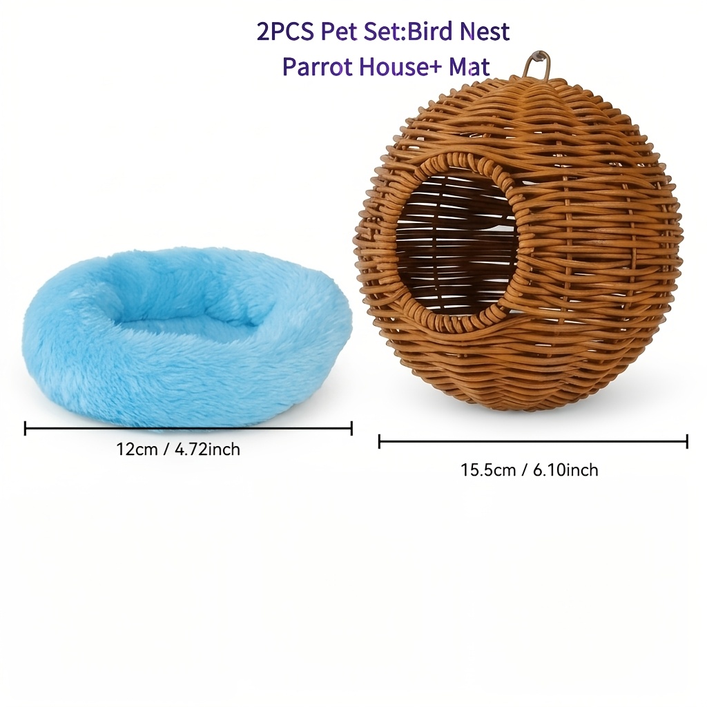 TEMU 2pcs Paws Boutique Bird Nest Parrot House & Mat Suitable For Budgies, Lovebirds, Cockatiels, - Hand-woven Hanging Bird Cage Habitat With