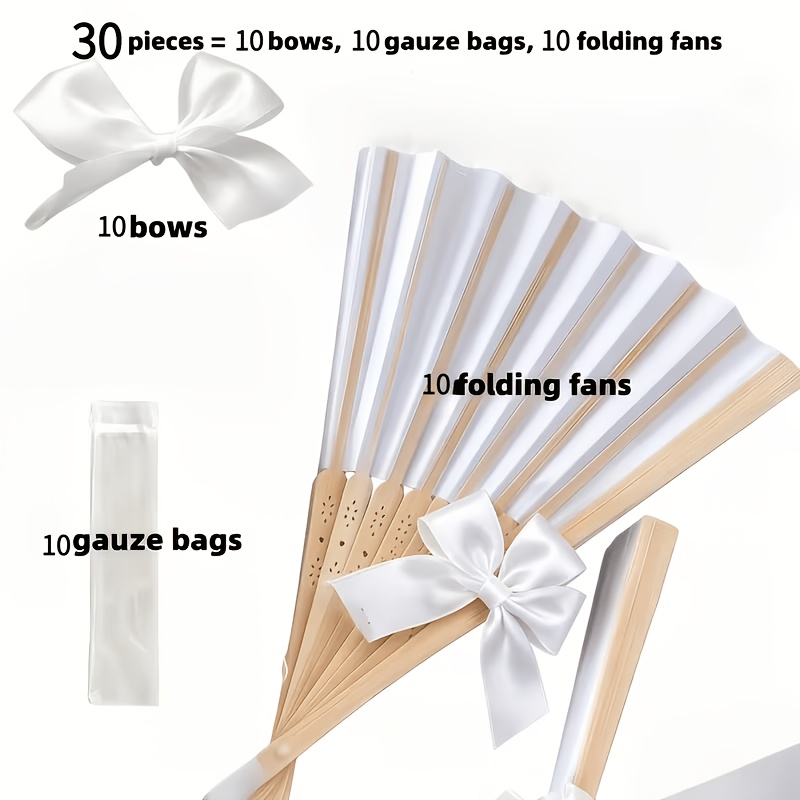 TEMU Custom Wedding Bow Folding Fan Set 30pcs (10pcs Fans And 10pcs Pouches And 10pcs Bows) With Engraving And Free Printing - Name/text/suitable For