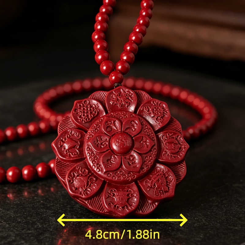 Chinese Style Red Sand Embossed Lotus Pendant Necklace