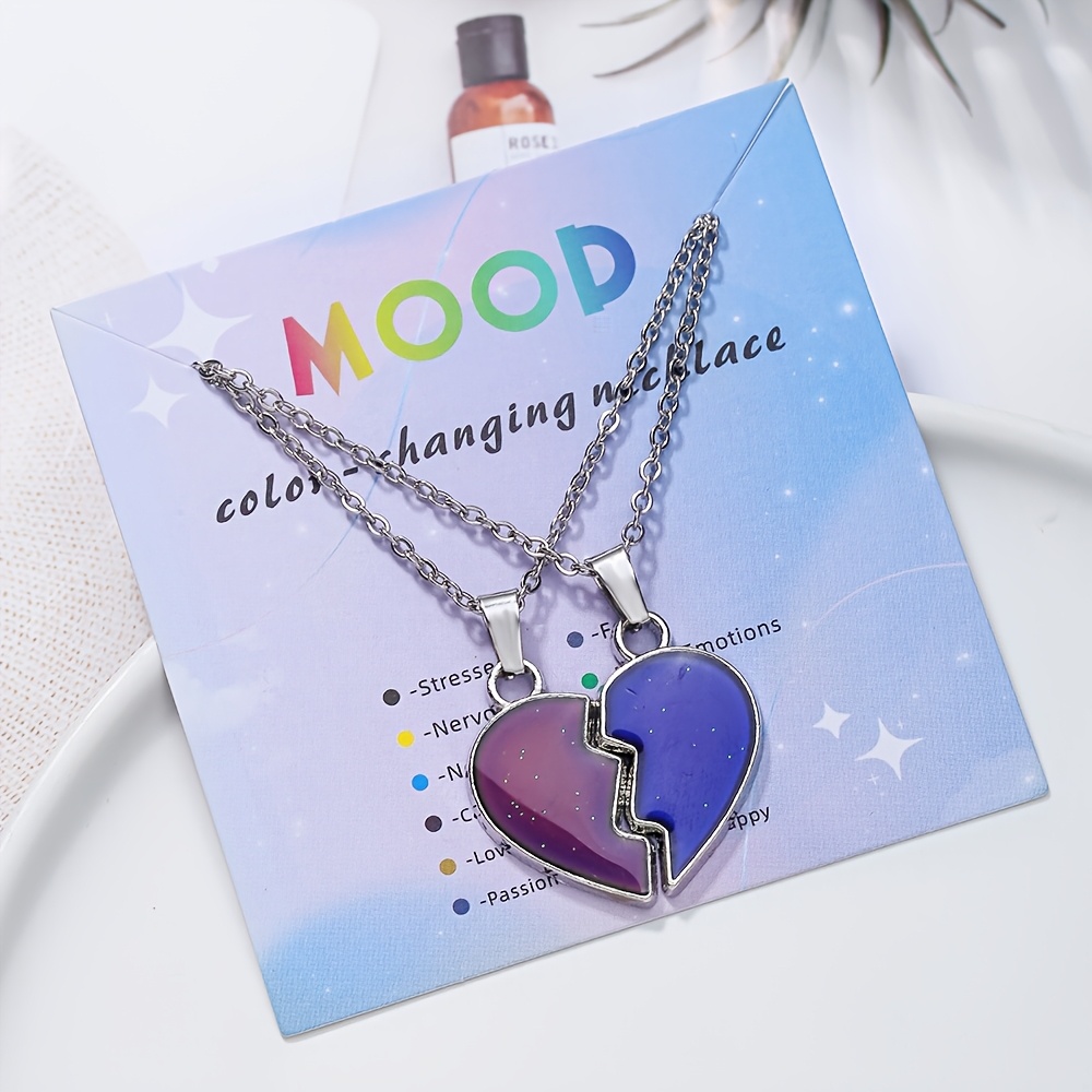 Image of 2pcs Couple's Colorful Heart-shaped Mood Changing Pendant Necklace, Elegant Minimalist Style Valentine's Day Gift For Men And Women