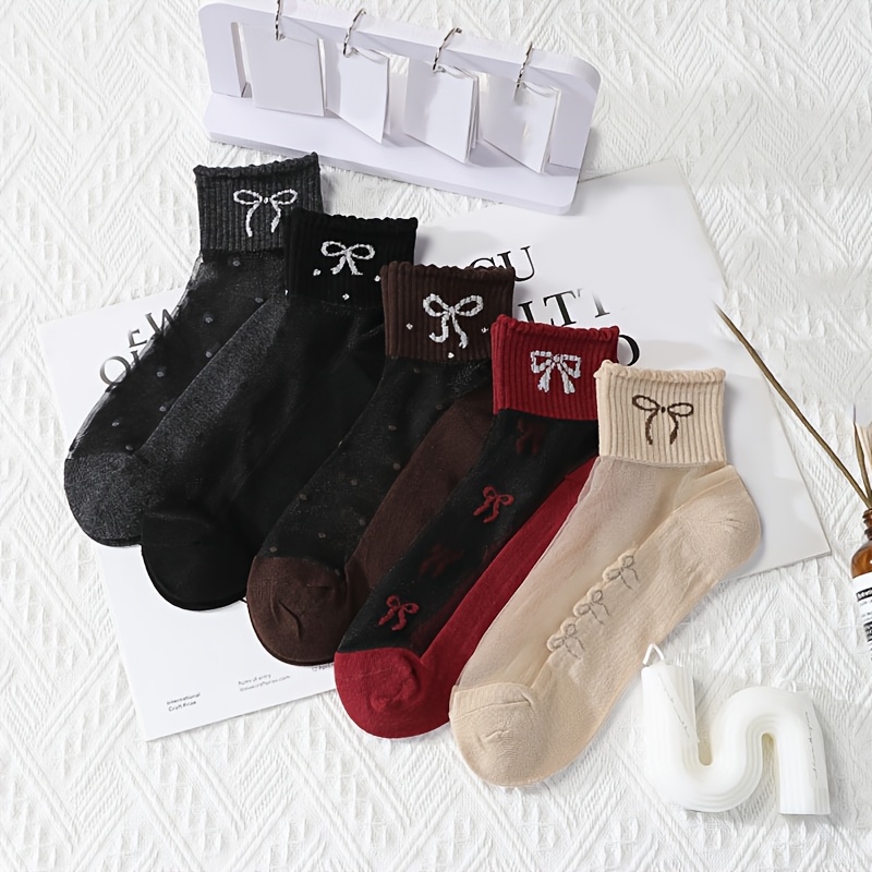 5 Pairs Summer New Chiffon Non-snag Breathable Bow Lace Sweet Cute Short Socks