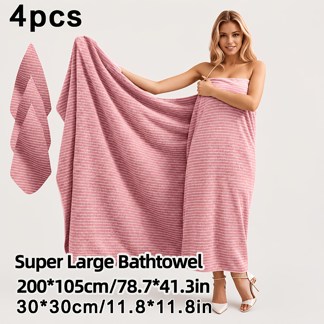 TEMU 4pcs Extra Large Bath Towel And Washcloth Set, Full Body Wrapping Starry Striped Large Bath Towel And Hand Towel 1pc Super Large Fleece Bath